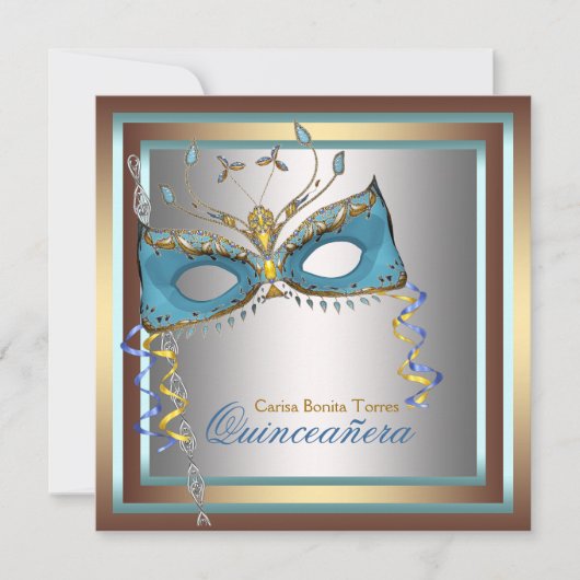 Invitation Fête de masque argent or sarcelle (Devant)