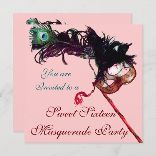 Invitation FÊTE DE MASQUE SWEET SIXTEEN ,Rose Métal Doré (Devant / Derrière)