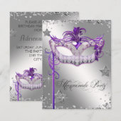 Invitation Fête de masque violet Confetti d'argent (Devant / Derrière)