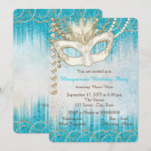 Invitation Fête de masquerade aquarelle perle bleu sarcelle (Devant / Derrière)