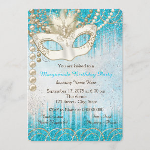 Invitation Fête de masquerade aquarelle perle bleu sarcelle