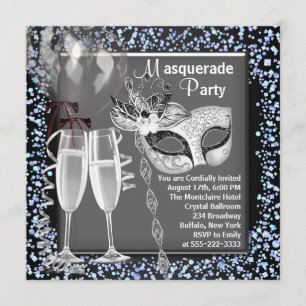 Invitation Fête de Masquerade Champagne Confetti Argent Noir