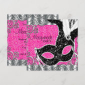 Invitation Fête de masquerade Masque Rose Argent et Noir (Devant / Derrière)