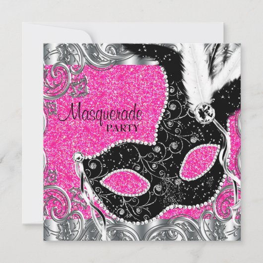 Invitation Fête de masquerade Masque Rose Argent et Noir (Devant)