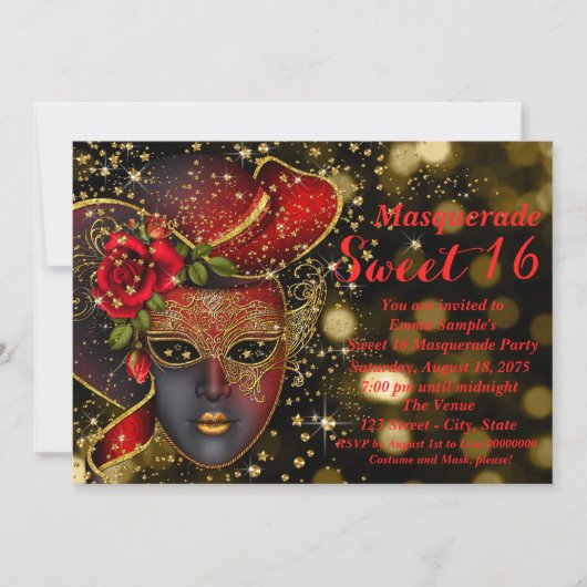 Invitation Fête de masquerade pailletée rouge et or (Devant)