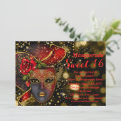 Invitation Fête de masquerade pailletée rouge et or (Debout devant)