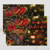 Invitation Fête de masquerade pailletée rouge et or (Devant / Derrière)