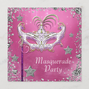 Invitation Fête de masquerade rose confettis argentés noirs