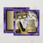 Invitation Fête de masquerade violette et dorée pour femme (Devant / Derrière)
