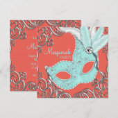 Invitation Fête de masques élégante corail et bleu sarcelle (Devant / Derrière)