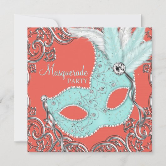 Invitation Fête de masques élégante corail et bleu sarcelle (Devant)