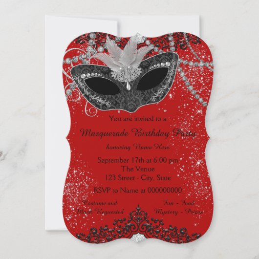 Invitation Fête de masques rouge et noir (Devant)