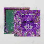 Invitation Fête de masques verte et violette (Devant / Derrière)