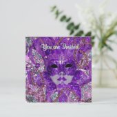 Invitation Fête de masques verte et violette (Debout devant)