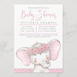 Invitation Fête de naissance adorable éléphant bébé fille ros