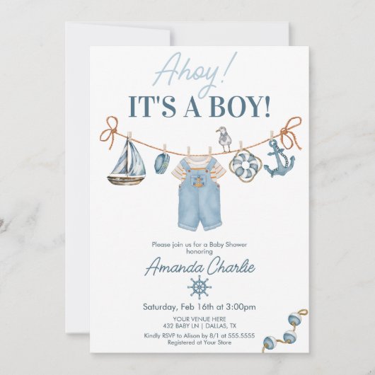 Invitation Fête de naissance Ahoy C'est un garçon (Devant)
