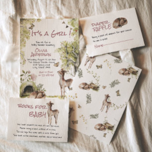 Invitation Fête de Naissance Animaux Cerf Mignon Fille Forêt