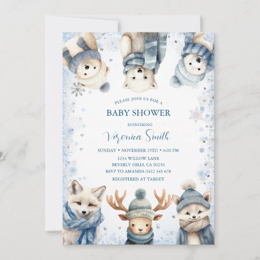 Invitation Fête de naissance Animaux de la forêt enneigée en (Devant)
