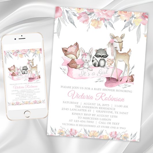 Invitation Fête de naissance animaux de la forêt fille
