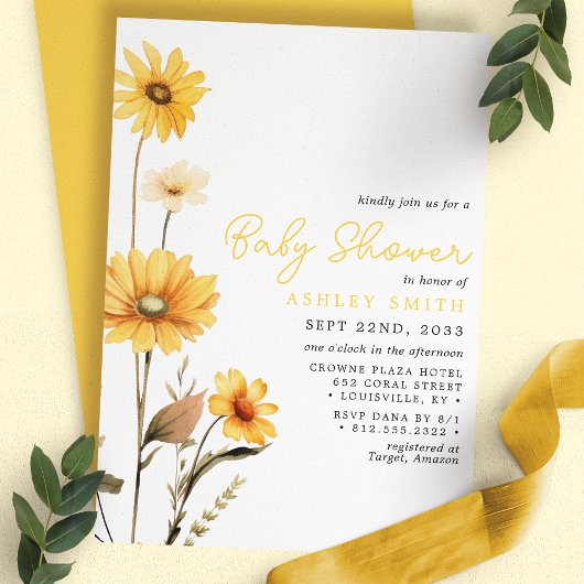 Invitation Fête de Naissance Aquarelle Bohème Fleur Jaune Sau