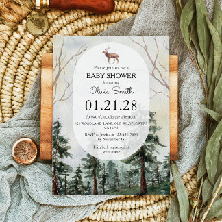 Invitation Fête de naissance aquarelle élégante forêt de pins
