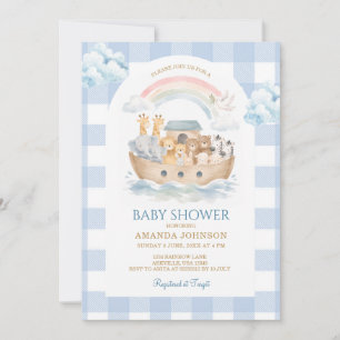 Invitation Fête de naissance Arc de Noé en vichy bleu et arc-