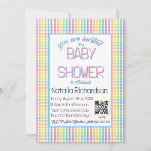 Invitation Fête de naissance arc-en-ciel à carreaux pastel