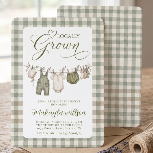 Invitation Fête de Naissance au Thème Sage Vert Gingham Culti