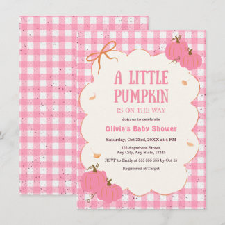 Invitation Fête de naissance automne rose à carreaux petite c