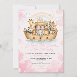 Invitation Fête de naissance avec Arche de Noé aquarelle rose