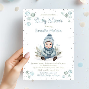 Invitation Fête de naissance Baby Boy Winter Snowflake