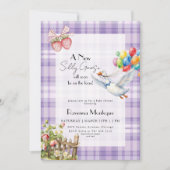 Invitation Fête de Naissance Ballons Gingham Violet Petit Fou (Devant)