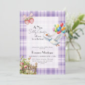 Invitation Fête de Naissance Ballons Gingham Violet Petit Fou (Debout devant)