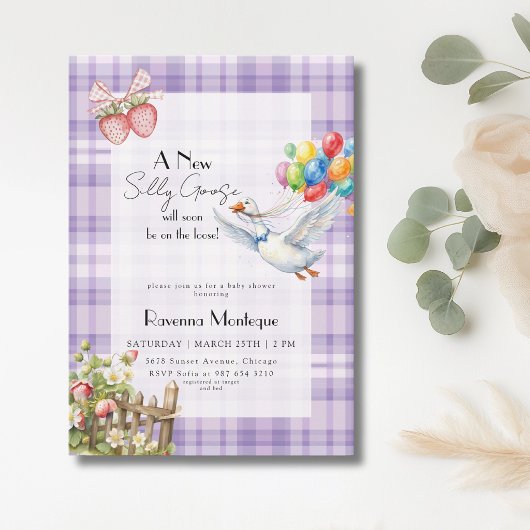 Invitation Fête de Naissance Ballons Gingham Violet Petit Fou