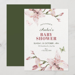 Invitation Fête de naissance bébé avec fleurs roses esthétiqu