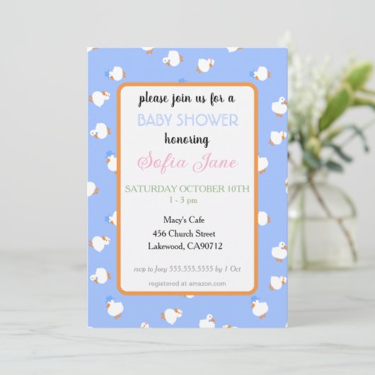 Invitation Fête de naissance bébé bleu canards mignons illust (Debout devant)