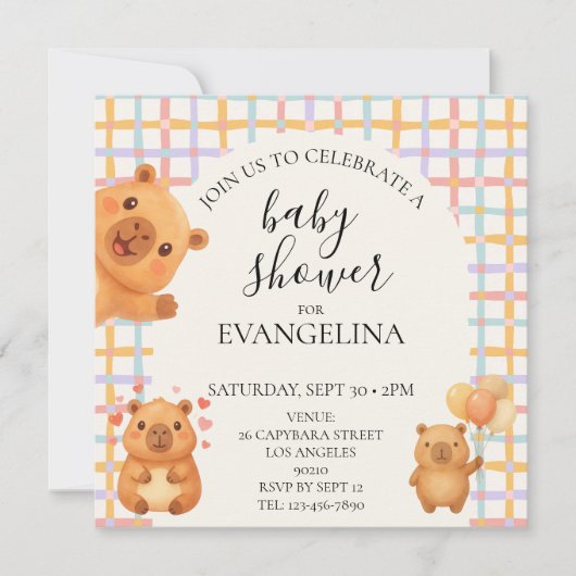 Invitation Fête de naissance bébé capybara mignon aquarelle (Devant)
