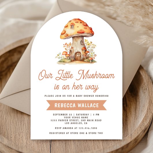 Invitation Fête de naissance Bébé Champignon Forêt Bois Rusti
