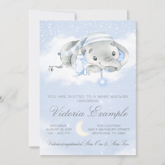 Invitation Fête de naissance bébé éléphant garçon à l'heure d (Devant)