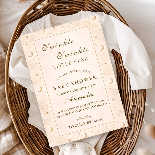 Invitation Fête de Naissance Bébé Étoile Brillante Or