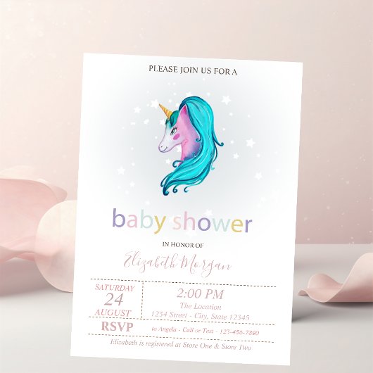 Invitation Fête de Naissance Bébé Étoiles Licorne Mignonnes