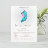 Invitation Fête de Naissance Bébé Étoiles Licorne Mignonnes (Debout devant)