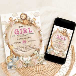 Invitation Fête de naissance bébé fille Animaux Safari Rose