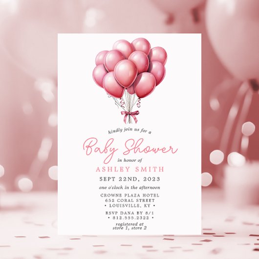 Invitation Fete de Naissance Bebe Fille Ballons Roses Aquarel
