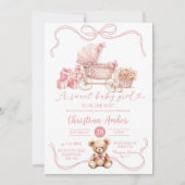 Invitation Fête de naissance Bébé Fille Calèche Rose (Devant)