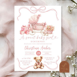 Invitation Fête de naissance Bébé Fille Calèche Rose