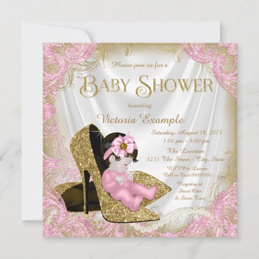 Invitation Fête de naissance bébé fille chaussure à paillette (Devant)