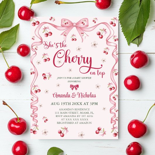 Invitation Fête de naissance bébé fille Cherry Top Rose 