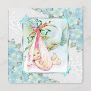 Invitation Fête de naissance Bébé Fille Cigogne Rose et Bleu