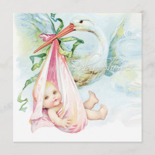 Invitation Fête de naissance Bébé Fille Cigogne Rose et Bleu 
